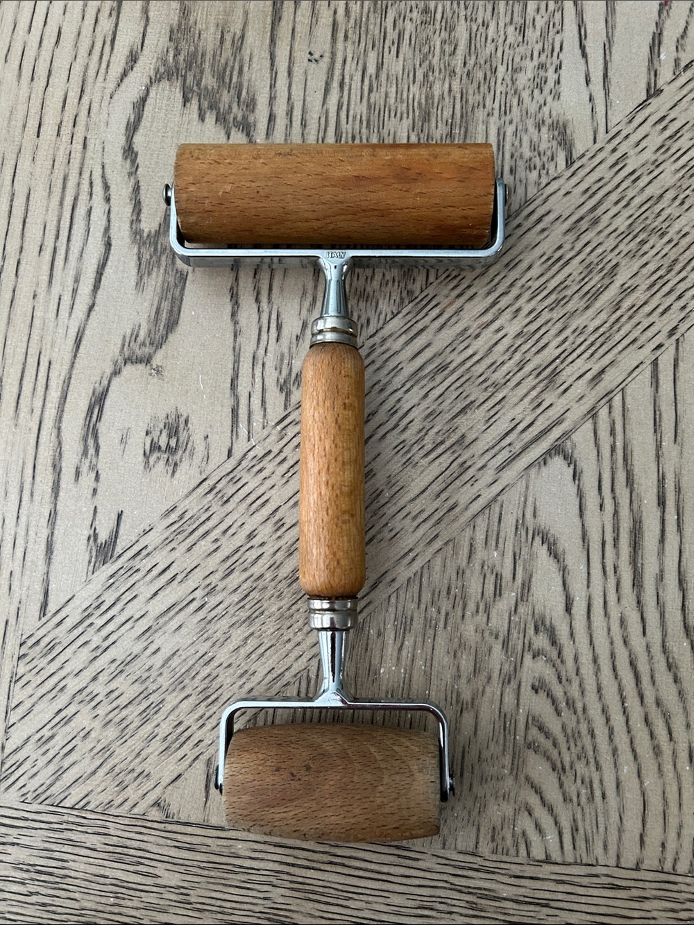 Vintage Italian Wood Handle Double Roller Tool in Natural Brown